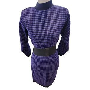 Vintage 80s Spago Knits Purple Black Check Kint Sweater Dress L Belted